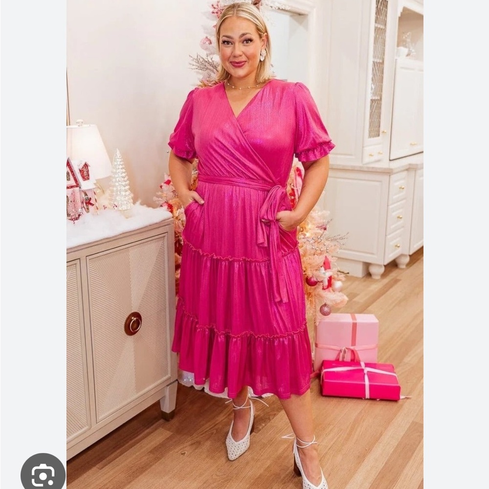 Ivy City Co Shimmery Fuchsia Wrap Midi Dress - Picture 2 of 12